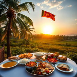 A delightful scene featuring a beautiful Sri Lankan landscape with a tall coconut tree standing majestically in the foreground