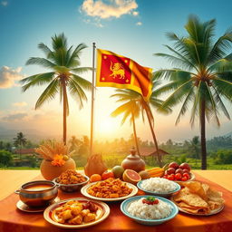 A delightful scene featuring a beautiful Sri Lankan landscape with a tall coconut tree standing majestically in the foreground