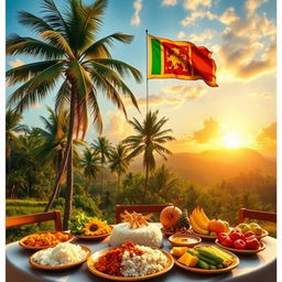 A delightful scene featuring a beautiful Sri Lankan landscape with a tall coconut tree standing majestically in the foreground