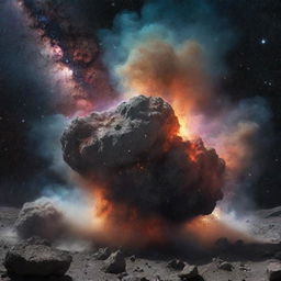 A gigantic rock detonating in the midst of a galaxy, sending a multicolored nebula of dust and debris into the cosmos.