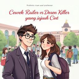 Book cover illustration showing a handsome professor falling in love with a beautiful female student