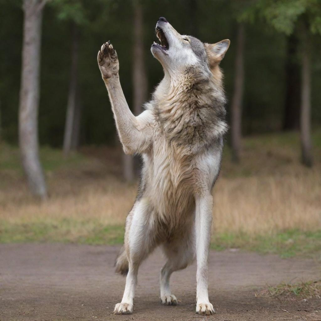 A full-grown, noble wolf standing upright on its hind legs, with its front paw raised in a waving gesture, as if greeting with a friendly 'hi'.