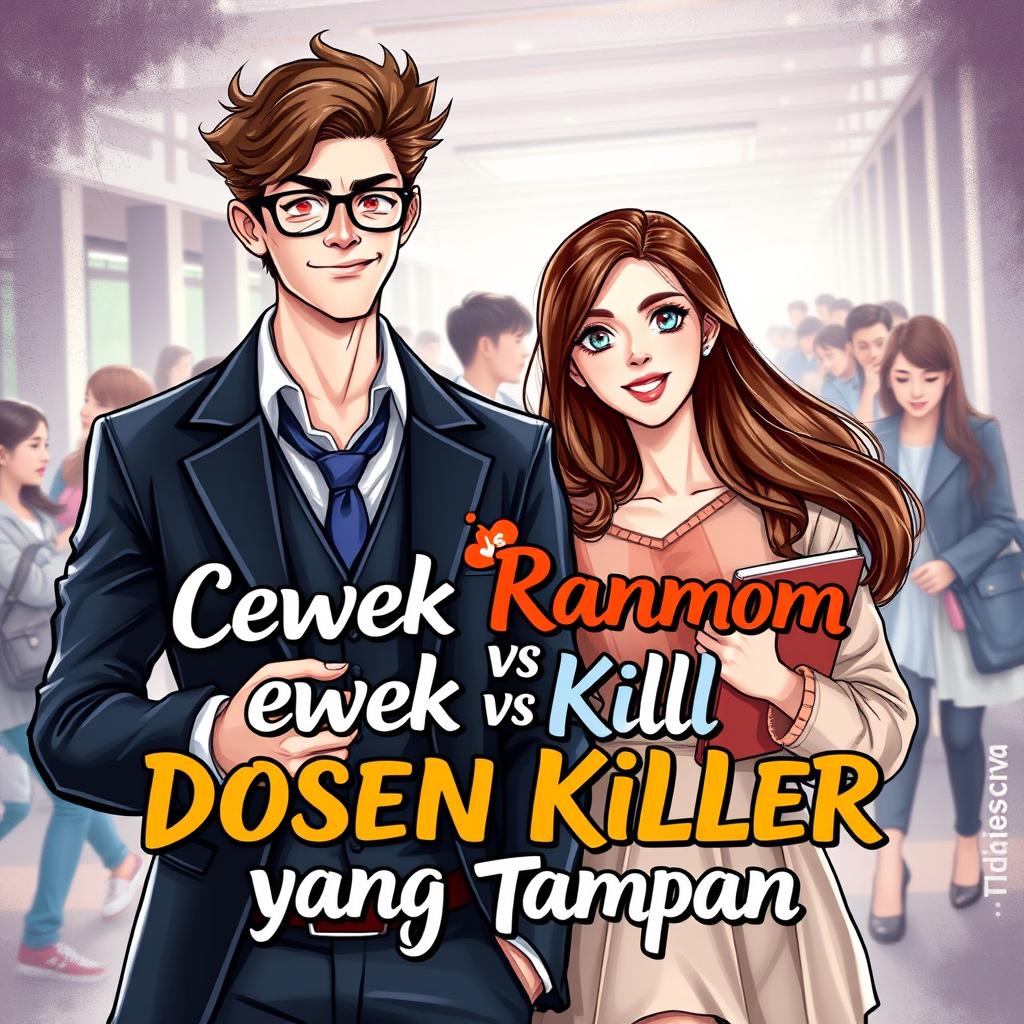 Book cover illustration depicting an attractive, youthful professor and a beautiful female student in a university setting