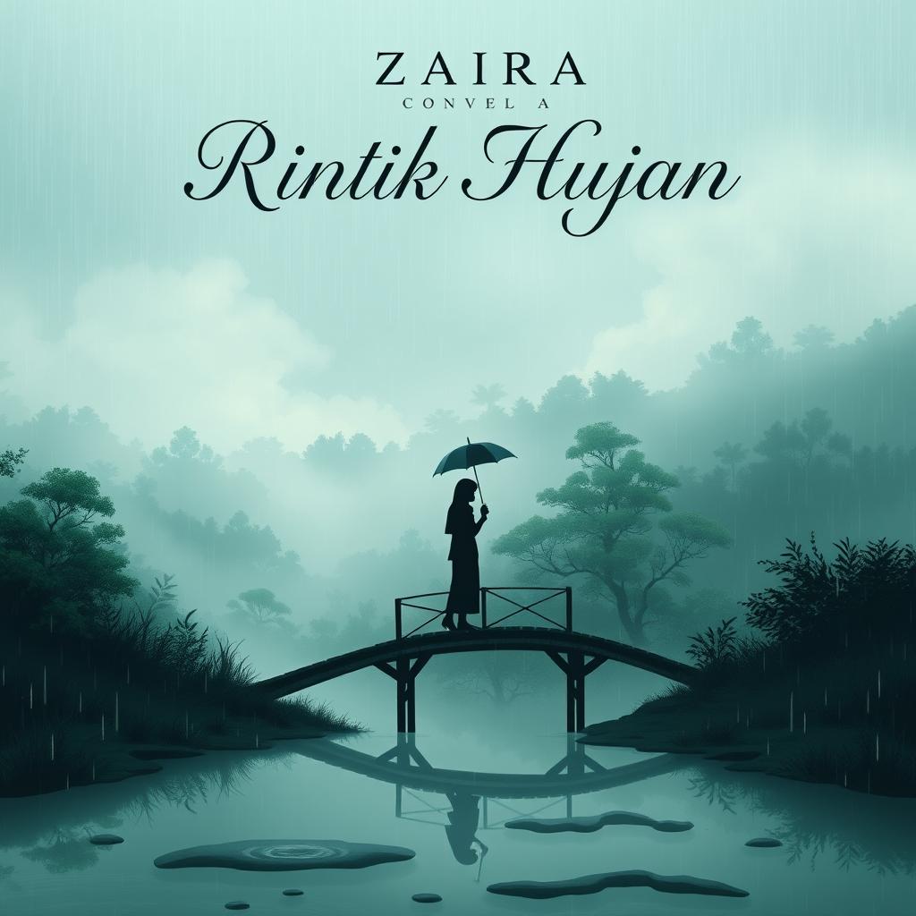 An evocative book cover for the novel "Rintik Hujan" by Zaira, featuring a serene yet melancholic landscape