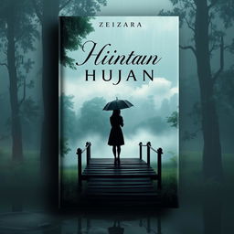 An evocative book cover for the novel "Rintik Hujan" by Zaira, featuring a serene yet melancholic landscape