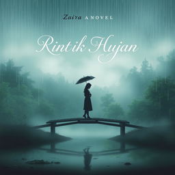 An evocative book cover for the novel "Rintik Hujan" by Zaira, featuring a serene yet melancholic landscape