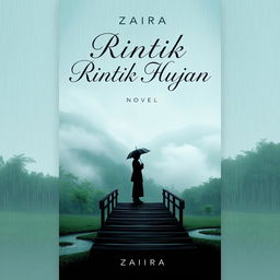 An evocative book cover for the novel "Rintik Hujan" by Zaira, featuring a serene yet melancholic landscape