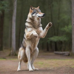 A full-grown, noble wolf standing upright on its hind legs, with its front paw raised in a waving gesture, as if greeting with a friendly 'hi'.