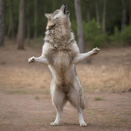 A full-grown, noble wolf standing upright on its hind legs, with its front paw raised in a waving gesture, as if greeting with a friendly 'hi'.