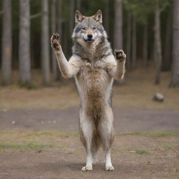 A full-grown, noble wolf standing upright on its hind legs, with its front paw raised in a waving gesture, as if greeting with a friendly 'hi'.