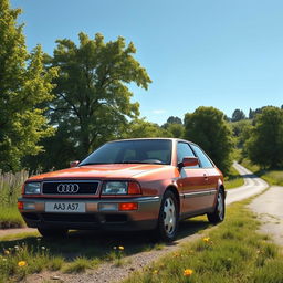 A realistic depiction of a 1997 Audi A3 in a vibrant outdoor setting