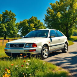 A realistic depiction of a 1997 Audi A3 in a vibrant outdoor setting