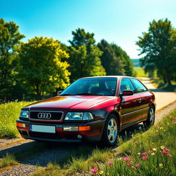 A realistic depiction of a 1997 Audi A3 in a vibrant outdoor setting