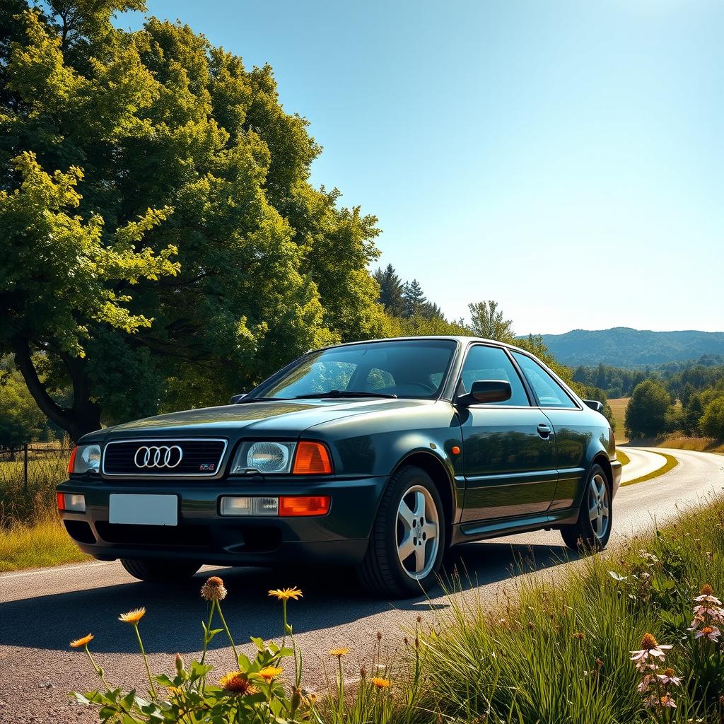 A realistic depiction of a 1997 Audi A3 in a vibrant outdoor setting