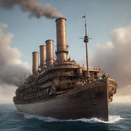 A reimagined version of the Titanic as a majestic steampunk ship, with elaborate gears, heavy iron plating, towering smokestacks belching steam, and ornate bronze detailing, sailing on a misty, late 19th-century ocean.