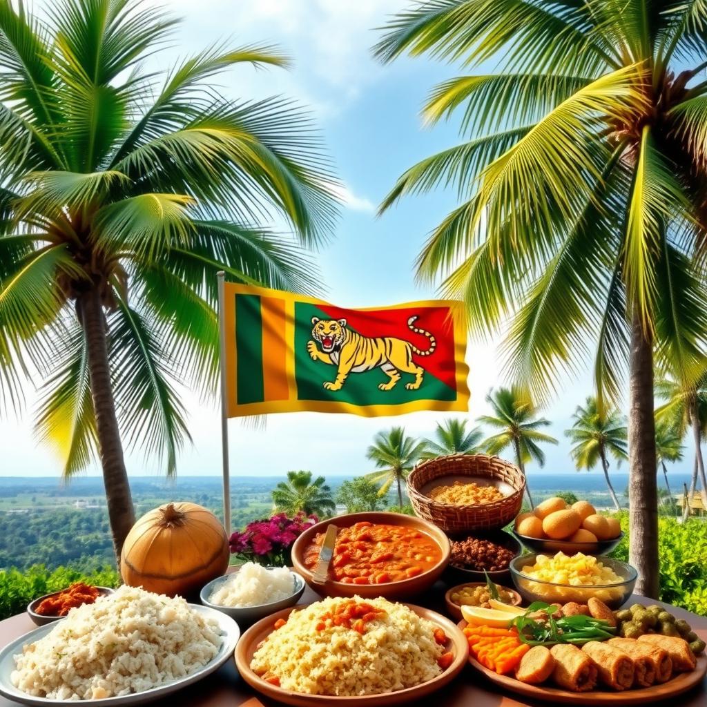 A scenic Sri Lankan setting featuring two coconut trees with lush green fronds swaying gently in a tropical breeze