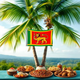 A scenic Sri Lankan setting featuring two coconut trees with lush green fronds swaying gently in a tropical breeze