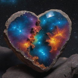 An enormous exotic rock, radiating rare minerals, positioned gracefully in the heart of a galaxy against a backdrop of glistening stars and vibrant cosmic elements.