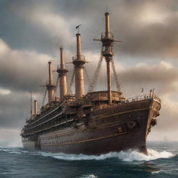 A reimagined version of the Titanic as a majestic steampunk ship, with elaborate gears, heavy iron plating, towering smokestacks belching steam, and ornate bronze detailing, sailing on a misty, late 19th-century ocean.