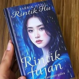 Book cover titled 'Rintik Hujan' featuring a woman named Zaira, with a rainy background