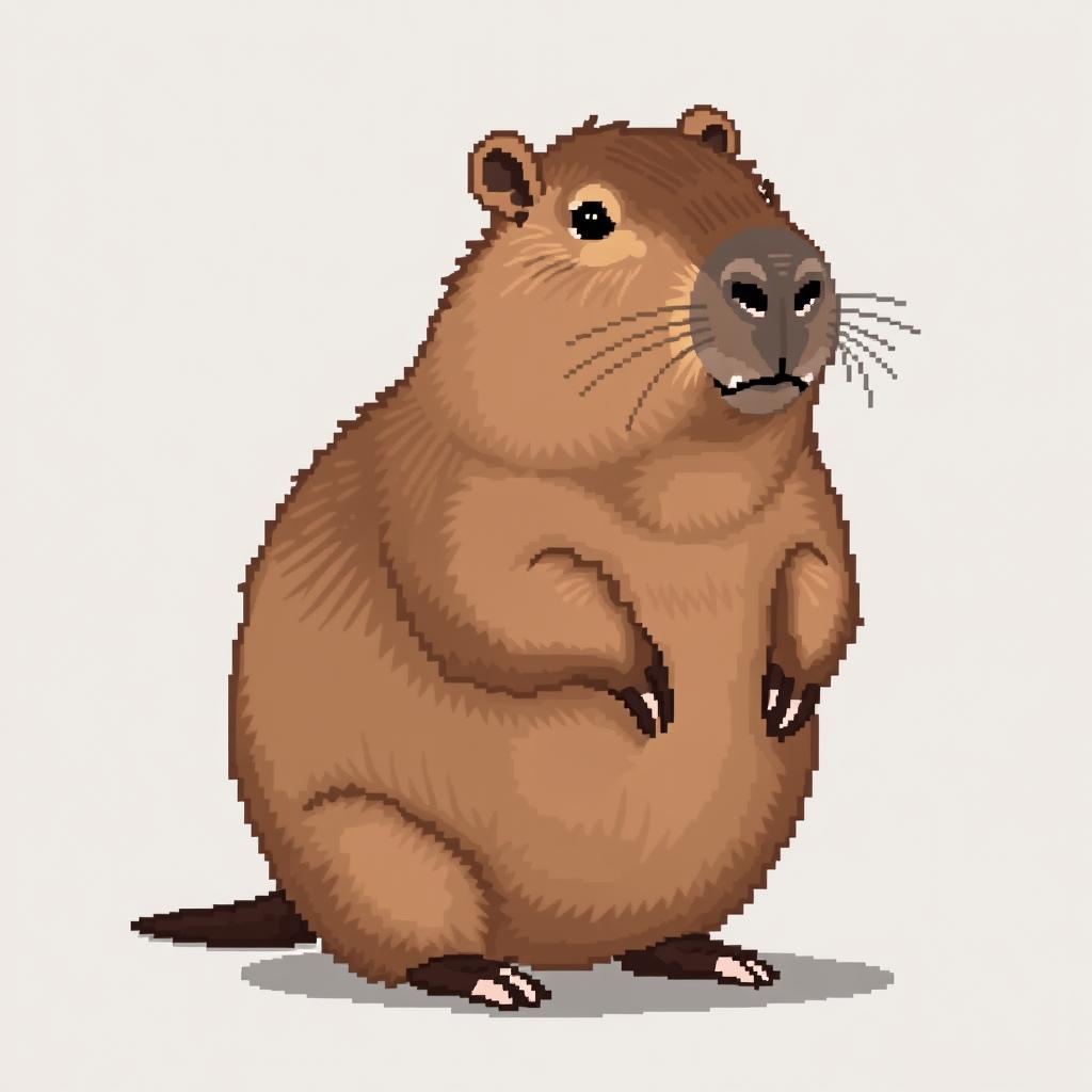 A realistic pixel art depiction of a capybara, capturing its distinctive rounded body and gentle expression