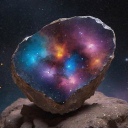 An enormous exotic rock, radiating rare minerals, positioned gracefully in the heart of a galaxy against a backdrop of glistening stars and vibrant cosmic elements.