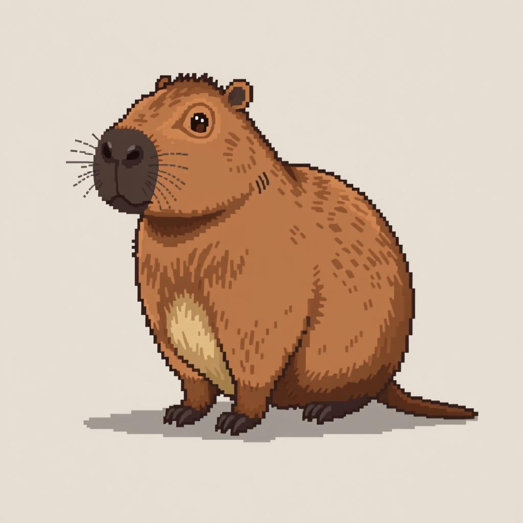 A realistic pixel art depiction of a capybara, showcasing its distinctive rounded body and gentle expression, specifically highlighting its tailless appearance