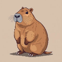 A realistic pixel art depiction of a capybara, showcasing its distinctive rounded body and gentle expression, specifically highlighting its tailless appearance