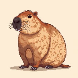 A realistic pixel art depiction of a capybara, showcasing its distinctive rounded body and gentle expression, specifically highlighting its tailless appearance