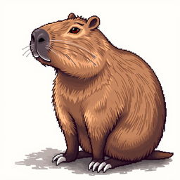 A realistic pixel art depiction of a capybara, showcasing its distinctive rounded body and gentle expression, specifically highlighting its tailless appearance