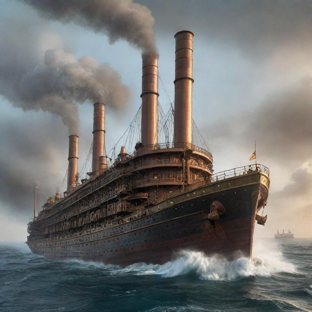 A reimagined version of the Titanic as a majestic steampunk ship, with elaborate gears, heavy iron plating, towering smokestacks belching steam, and ornate bronze detailing, sailing on a misty, late 19th-century ocean.