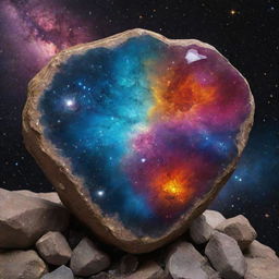 An enormous exotic rock, radiating rare minerals, positioned gracefully in the heart of a galaxy against a backdrop of glistening stars and vibrant cosmic elements.