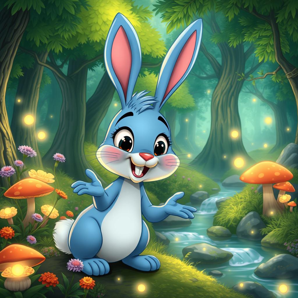 A cartoon blue rabbit with a lively and animated expression, nodding approvingly at the enchanting forest surrounding it