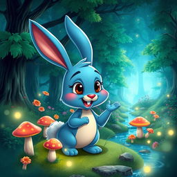 A cartoon blue rabbit with a lively and animated expression, nodding approvingly at the enchanting forest surrounding it