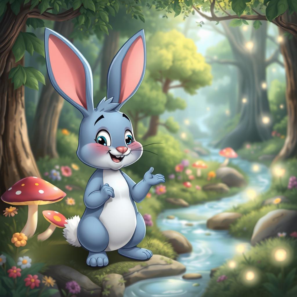 A cartoon blue rabbit with a lively and animated expression, nodding approvingly at the enchanting forest surrounding it