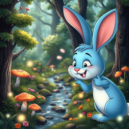 A cartoon blue rabbit with a lively and animated expression, nodding approvingly at the enchanting forest surrounding it