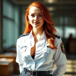 A beautiful red-haired woman in an unbuttoned police uniform shirt, standing with her hands behind her back, exuding confidence and allure