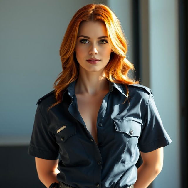 A beautiful red-haired woman in an unbuttoned police uniform shirt, standing with her hands behind her back, exuding confidence and allure