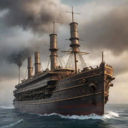 A reimagined version of the Titanic as a majestic steampunk ship, with elaborate gears, heavy iron plating, towering smokestacks belching steam, and ornate bronze detailing, sailing on a misty, late 19th-century ocean.