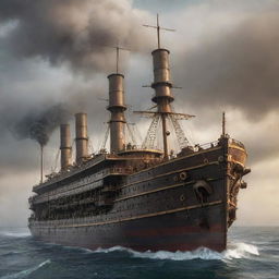 A reimagined version of the Titanic as a majestic steampunk ship, with elaborate gears, heavy iron plating, towering smokestacks belching steam, and ornate bronze detailing, sailing on a misty, late 19th-century ocean.