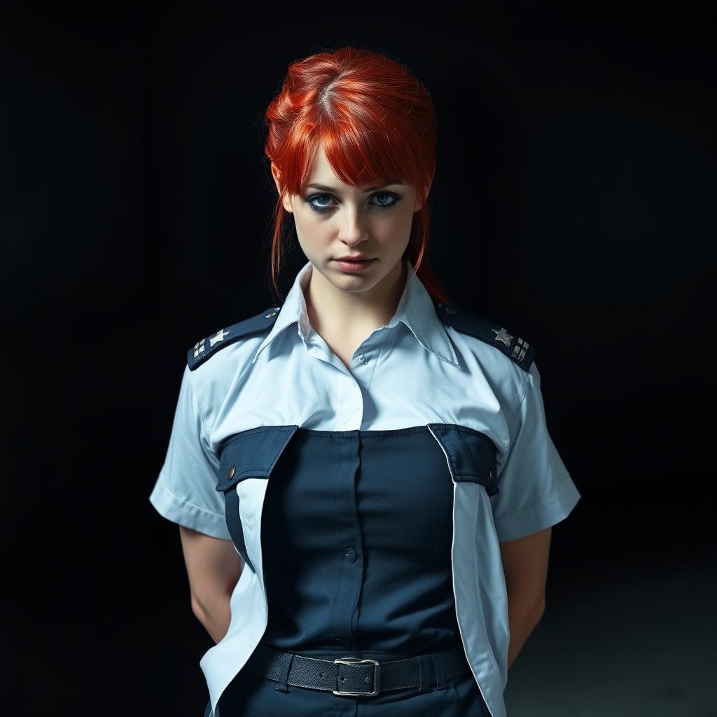 A red-haired woman in a police uniform, her shirt fully unbuttoned, her hands behind her back, tears streaming down her face