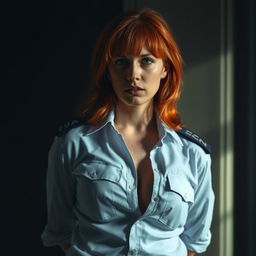 A red-haired woman in a police uniform, her shirt fully unbuttoned, her hands behind her back, tears streaming down her face