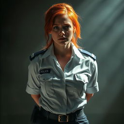 A red-haired woman in a police uniform, her shirt fully unbuttoned, her hands behind her back, tears streaming down her face