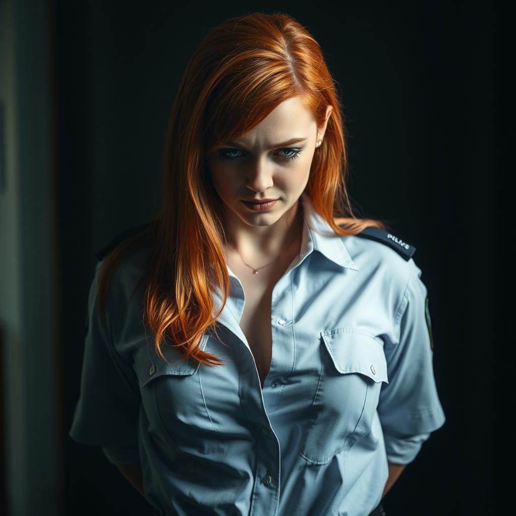 A red-haired woman in a police uniform, her shirt fully unbuttoned, her hands behind her back, tears streaming down her face