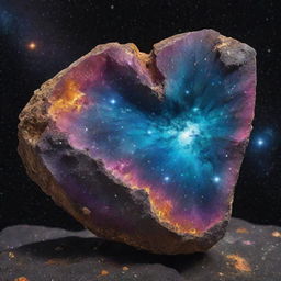 An enormous exotic rock, radiating rare minerals, positioned gracefully in the heart of a galaxy against a backdrop of glistening stars and vibrant cosmic elements.