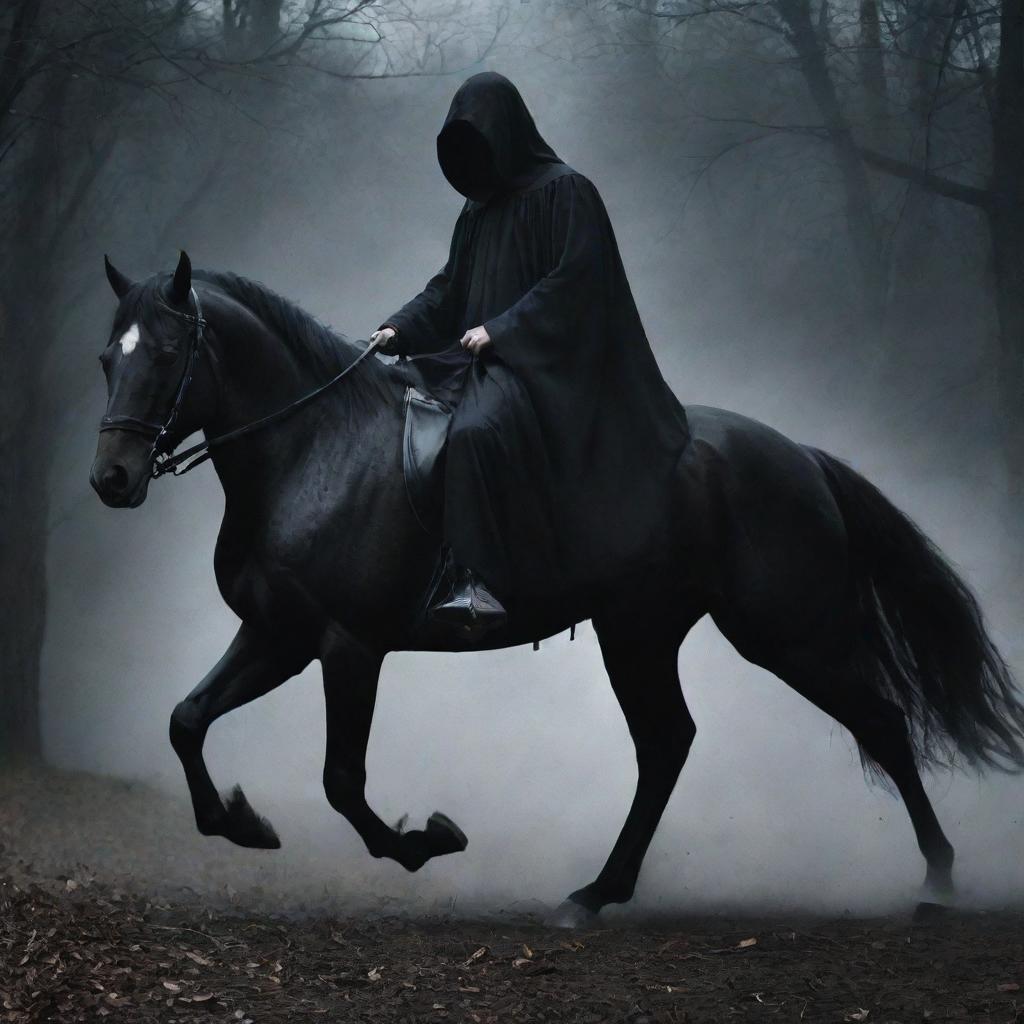 Ghostly apparition of the just night judge as a revered urban legend, astride a powerful, black horse, dispensing justice under the shrouded cover of night.