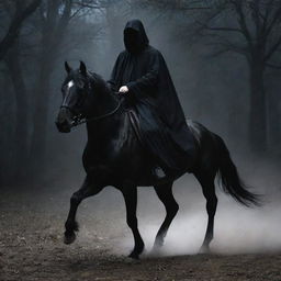 Ghostly apparition of the just night judge as a revered urban legend, astride a powerful, black horse, dispensing justice under the shrouded cover of night.