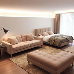 A stylish bedroom featuring both a chic sofabed and a 2-meter wide bed