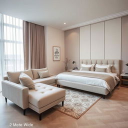 A stylish bedroom featuring both a chic sofabed and a 2-meter wide bed