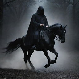 Ghostly apparition of the just night judge as a revered urban legend, astride a powerful, black horse, dispensing justice under the shrouded cover of night.